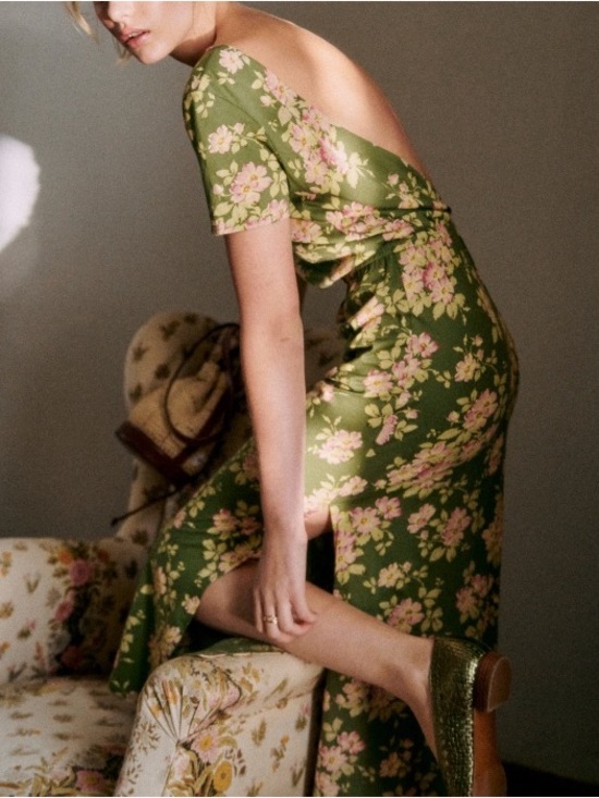 Sezane Dresses & Skirts - Sezane Olive Green Floral Backless Midi Dress with Pink Flowers